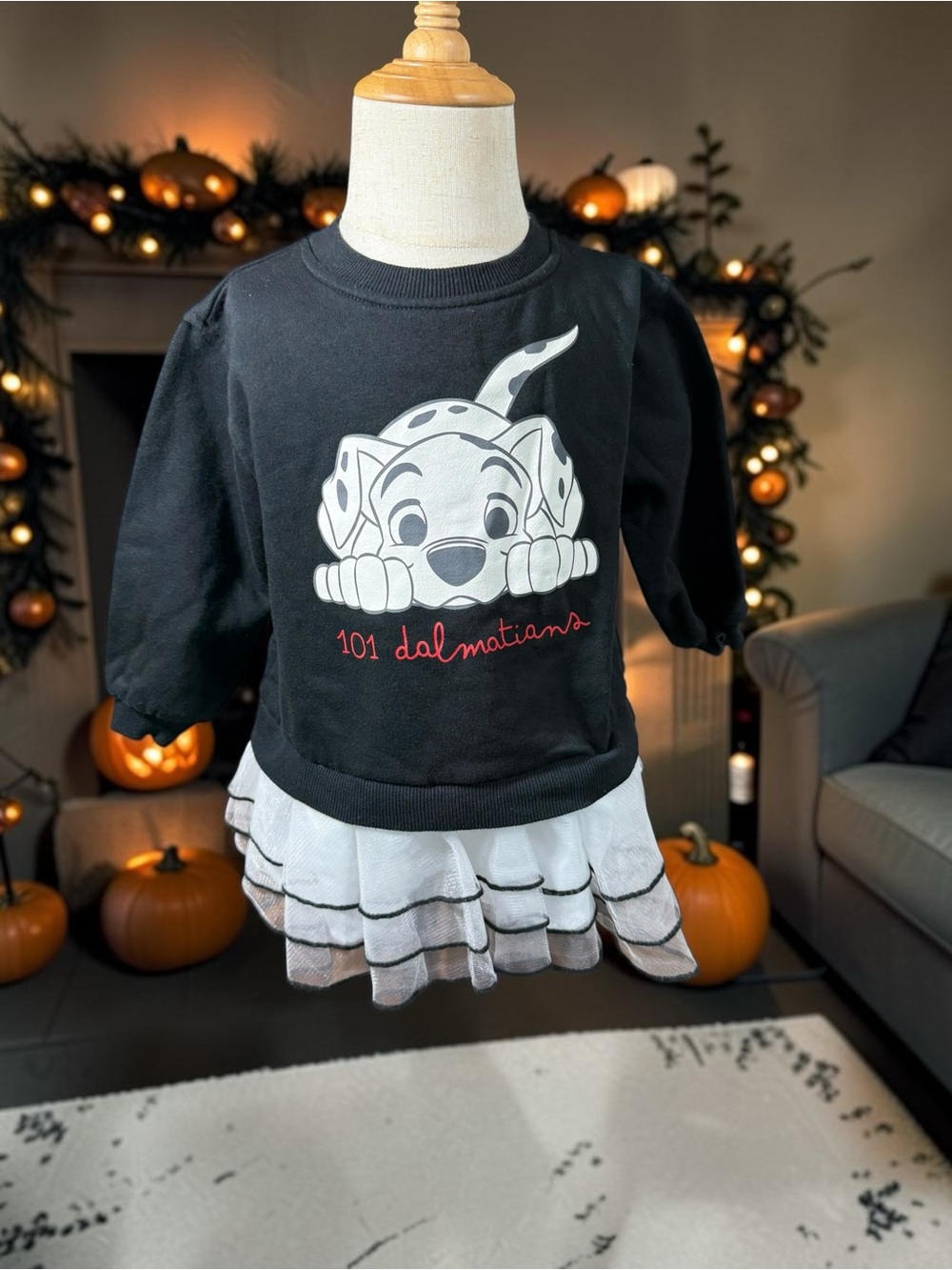 Disney Black 101 Dalmatians Girls' Sweatshirt Dress with White Tiered Skirt